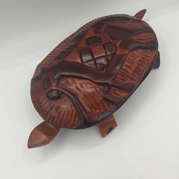 Vintage Hand CArved Wooden Turtle Lidded Box Burro Donkey on Removable Lid Large - Picture 1 of 11